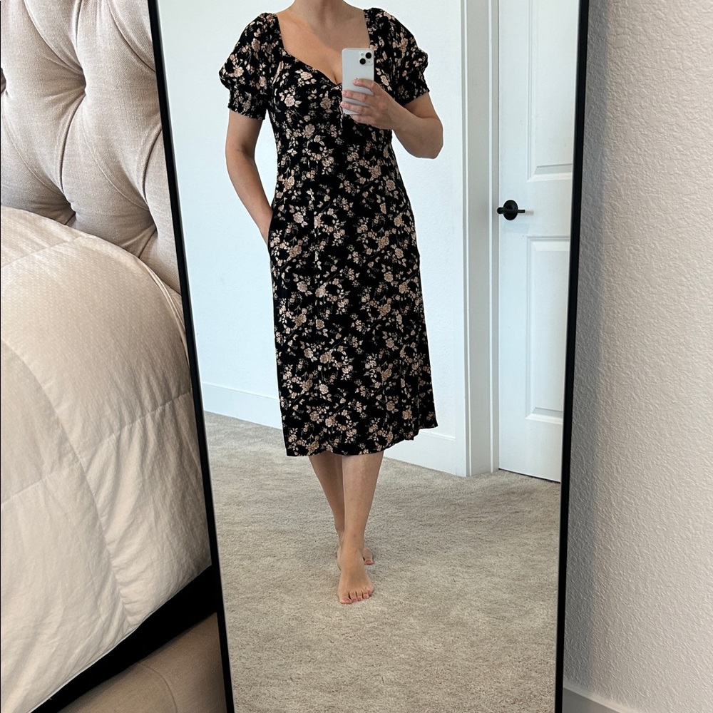 Mimi chica Festival Black Floral Midi Dress with Puff Sleeves pockets boho Chic - Picture 3 of 11